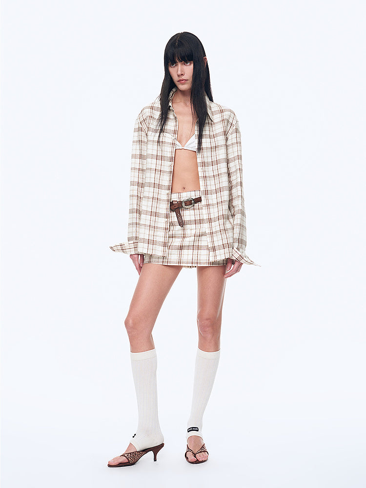 Vintage Linen Shirt Skirt Two-Piece Spring"Plaid Sketch"
