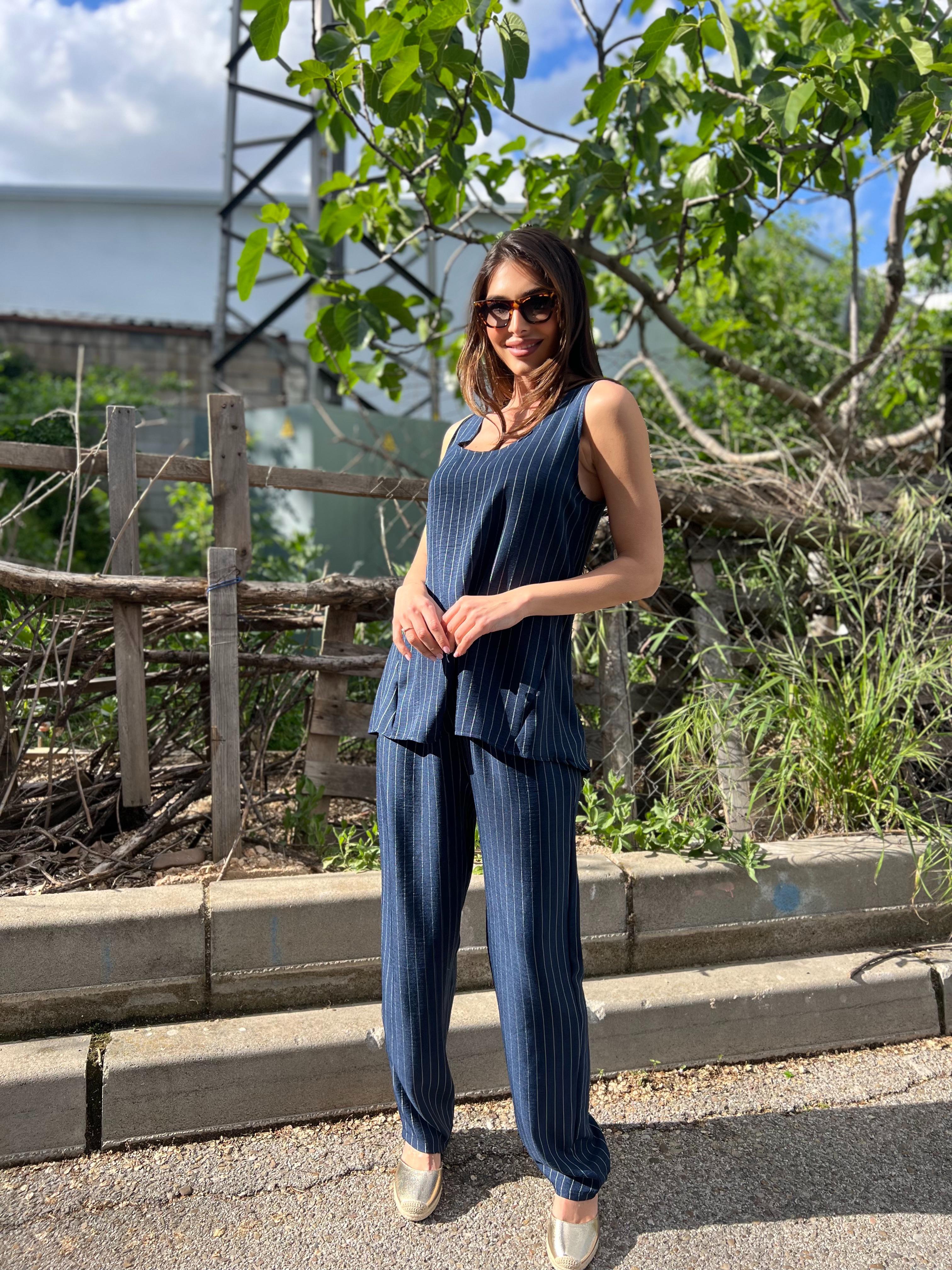 Conjunto pantalón y top en simil lino raya azul marino