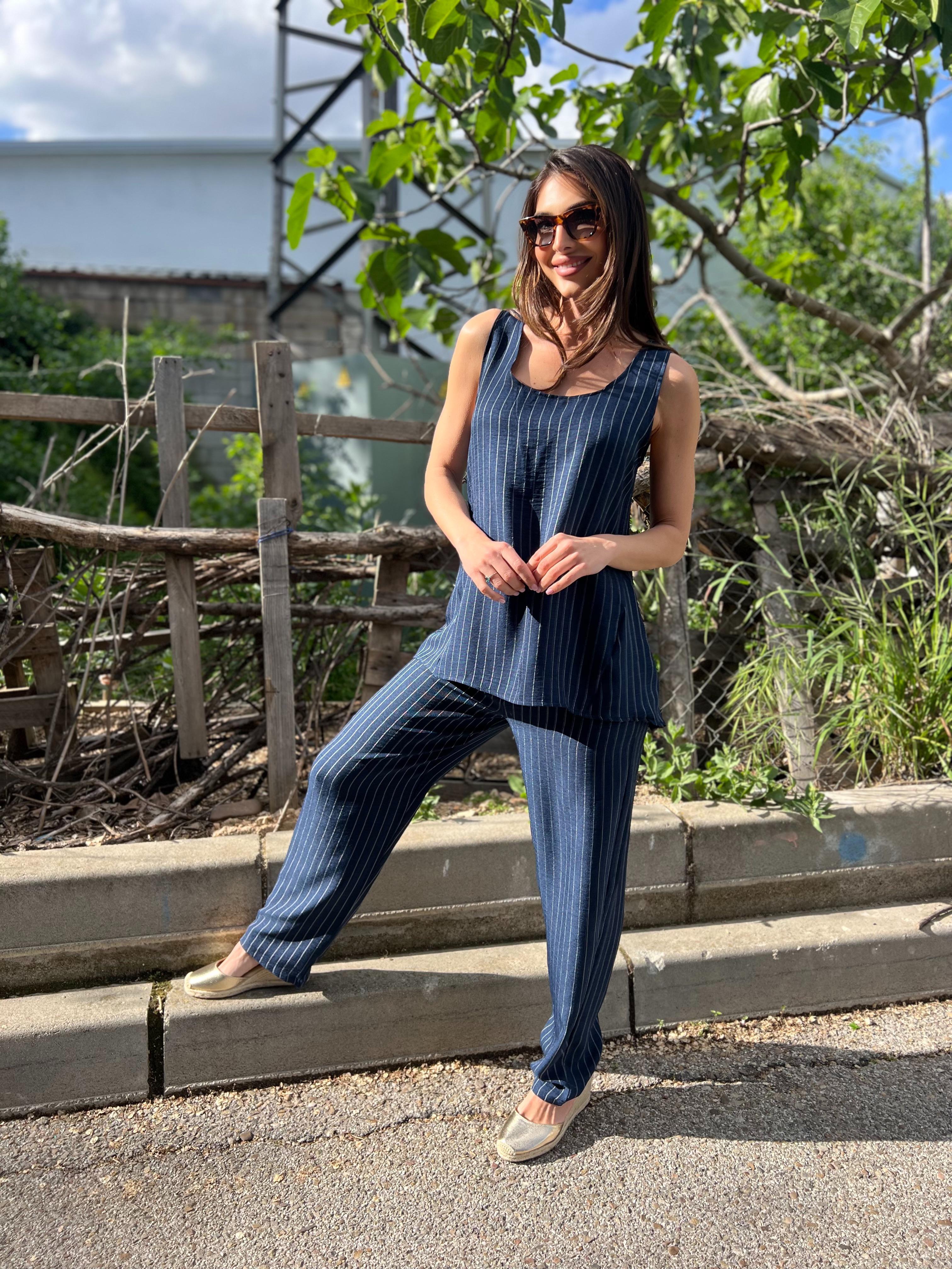 Conjunto pantalón y top en simil lino raya azul marino